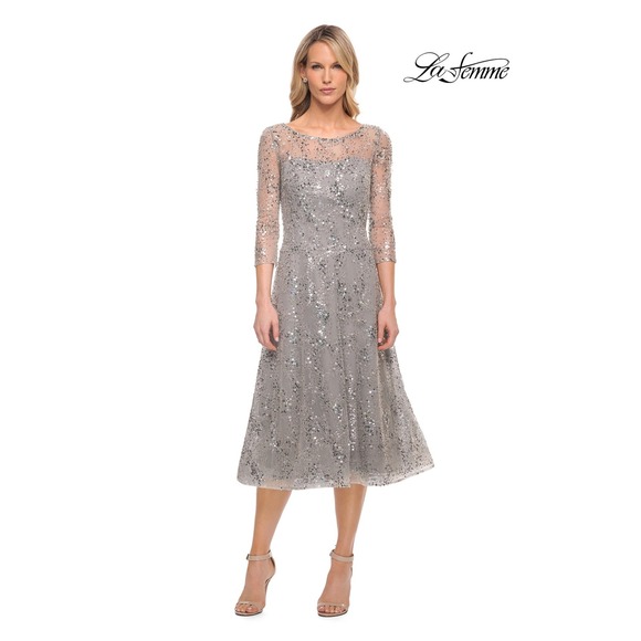 NWT $458 La Femme [ 10 ] 30002 Lace Beaded Short Midi A Line Dress Silver S2106 - Picture 2 of 13